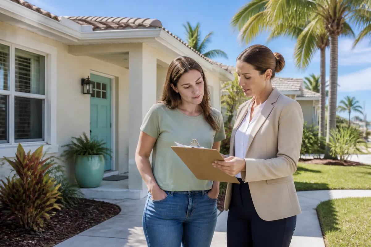 Florida homebuyer and real estate professional reviewing a repair estimate outside a Florida home before closing