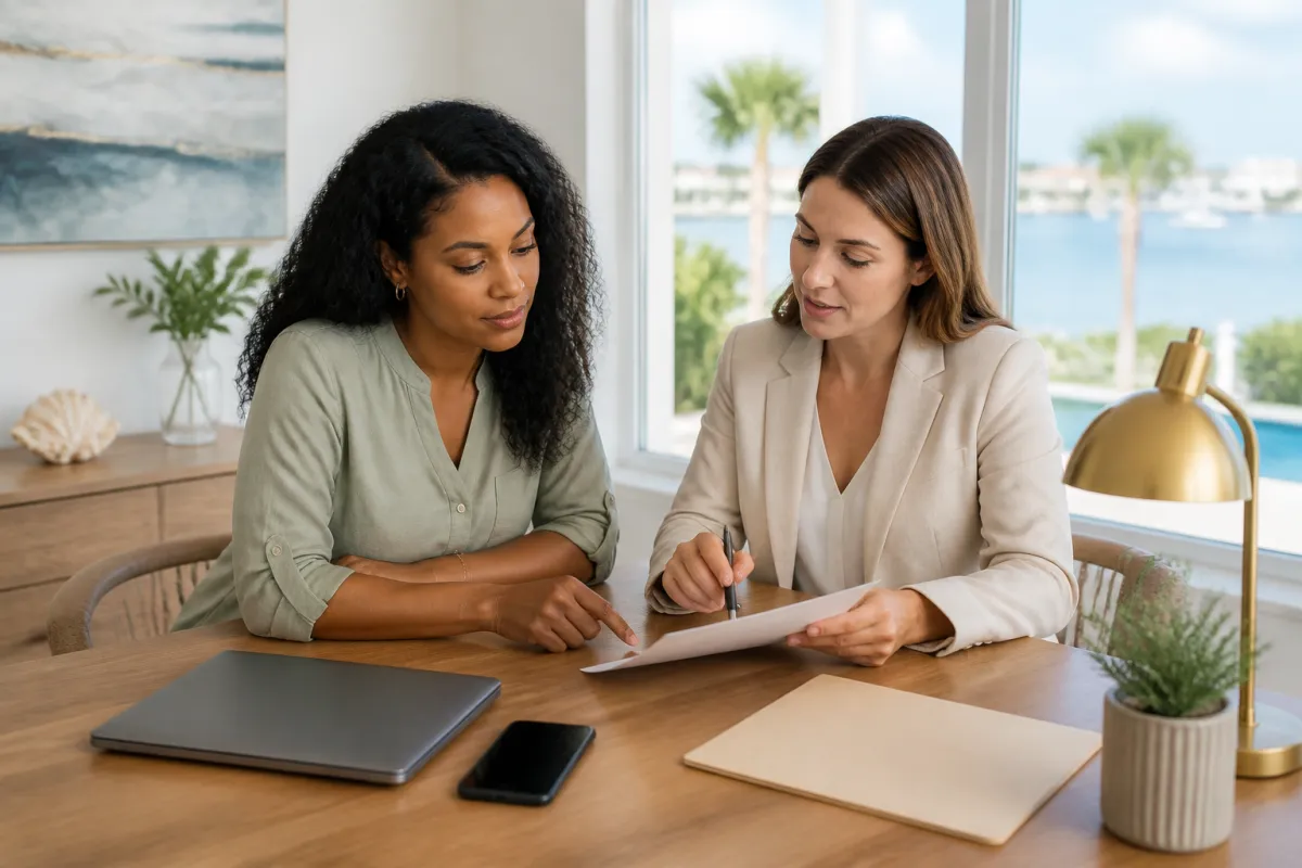 A Florida homebuyer reviewing final mortgage documents with a loan professional before closing.