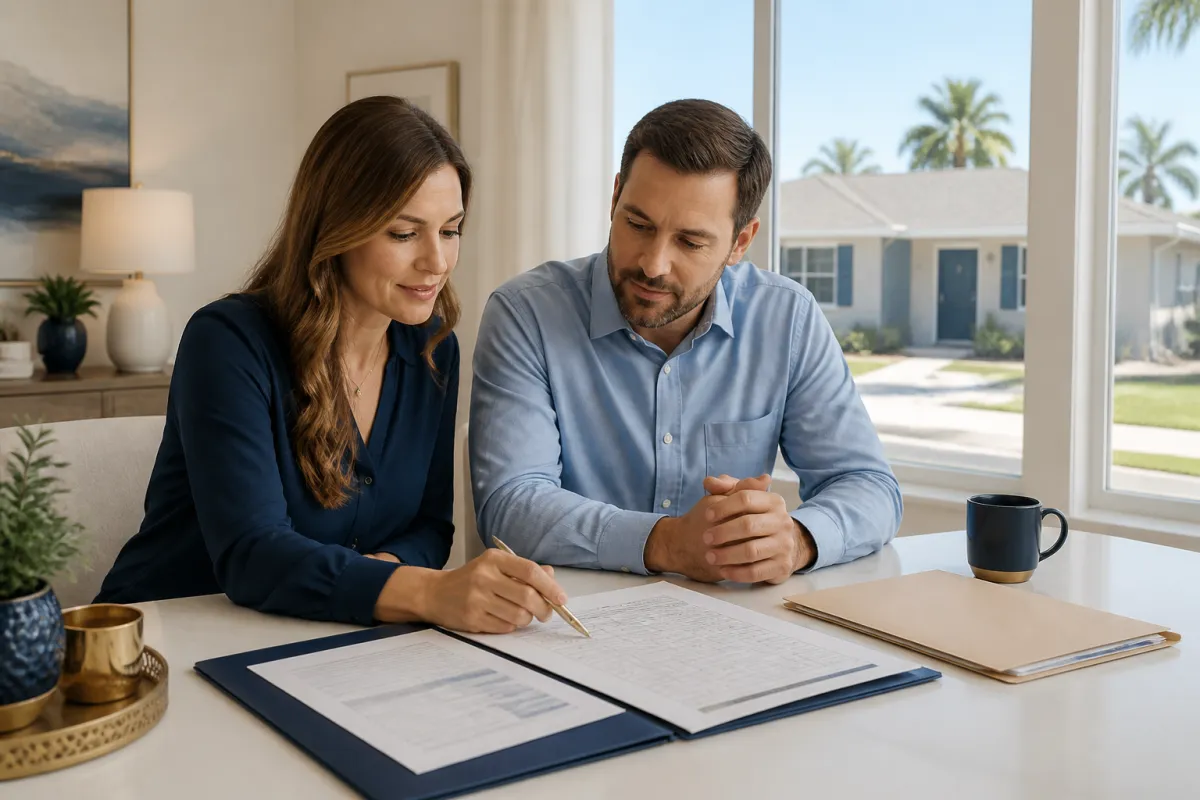 Florida real estate investor and mortgage professional reviewing a rental-property analysis at a table
