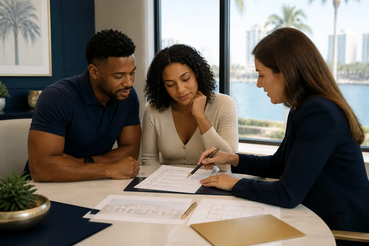 Florida homebuyer reviewing mortgage preapproval documents with a loan professional at a bright table