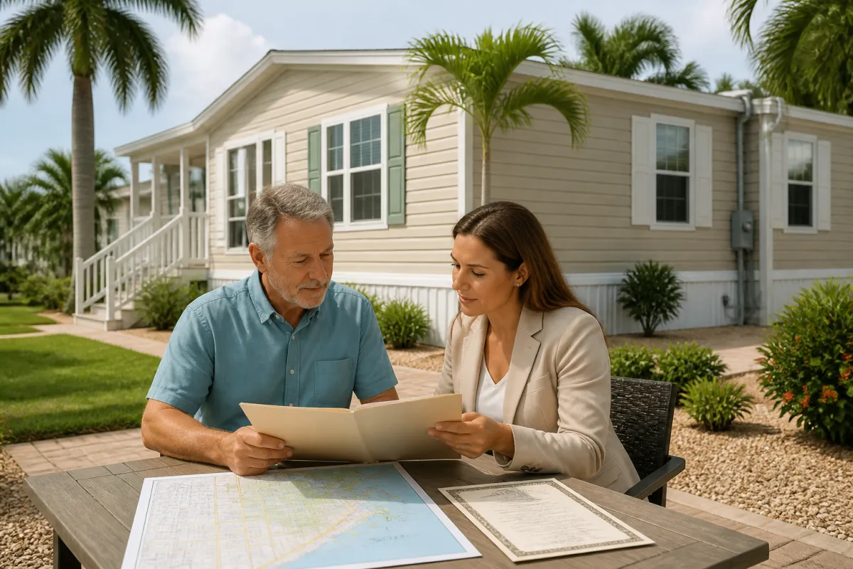 Florida manufactured home on owned land with a homeowner reviewing property documents outside