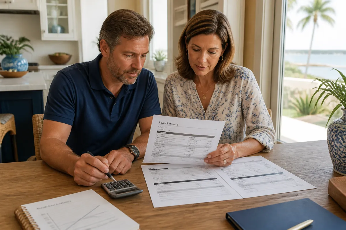 Florida homeowners reviewing refinance costs and monthly payment notes at a kitchen table
