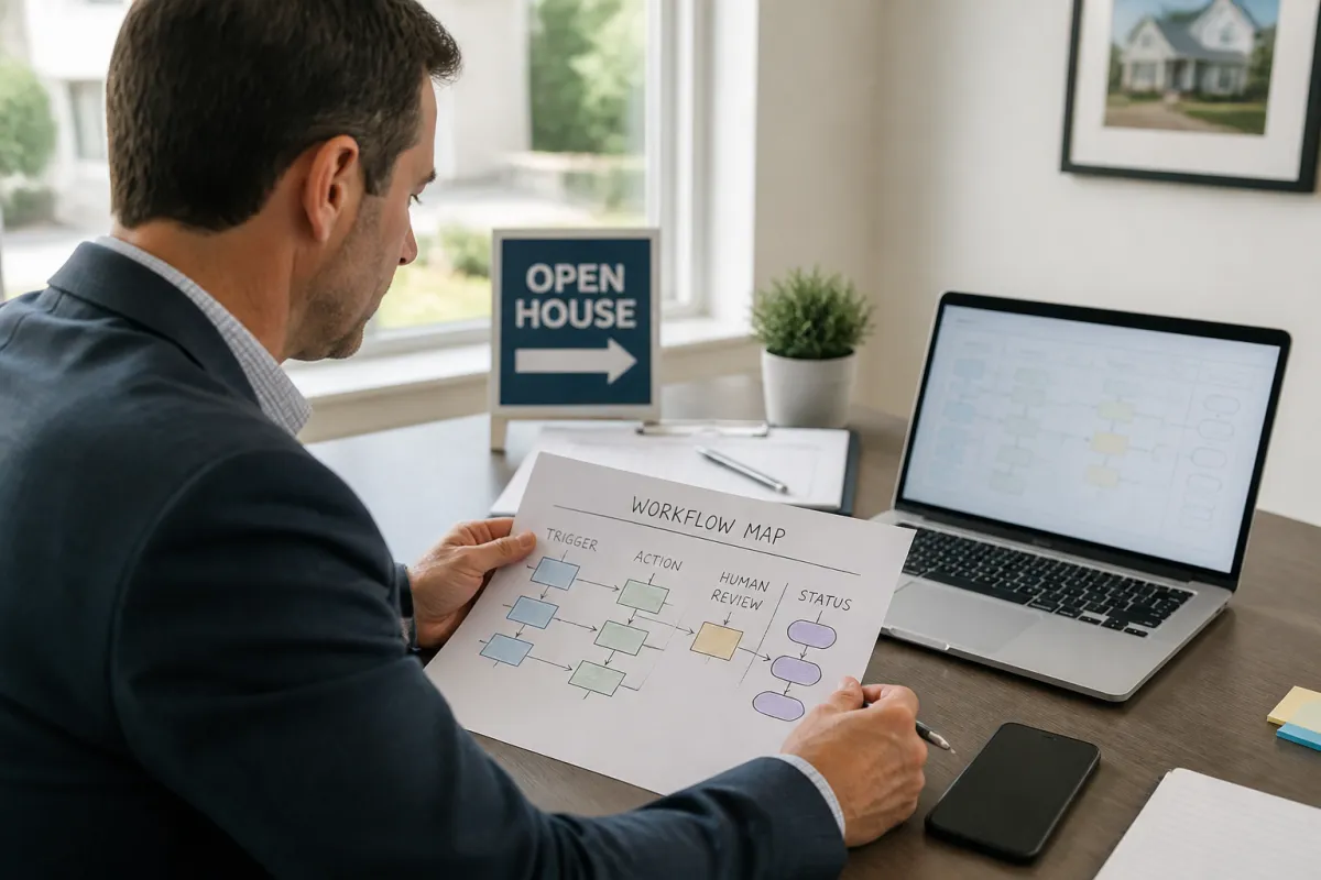 Real estate agent reviewing a mapped client follow-up process at a desk