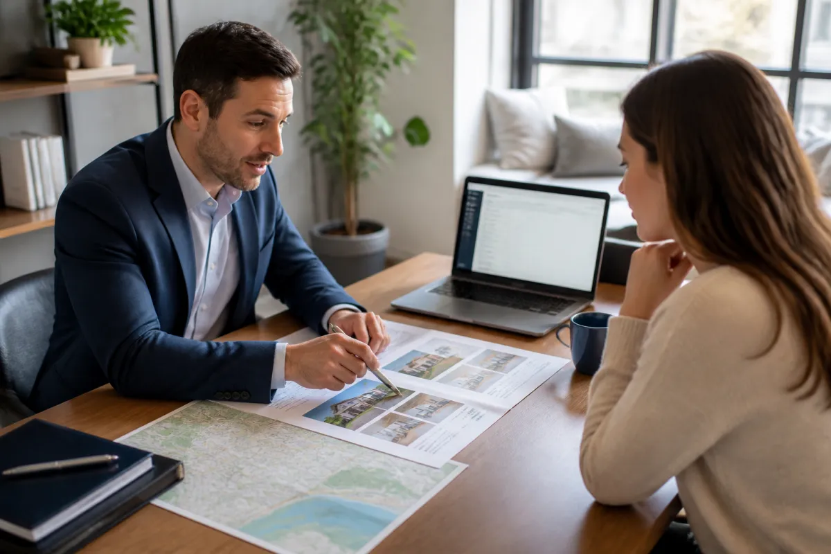 Real estate agent reviewing a neighborhood map and buyer property comparisons at a bright desk