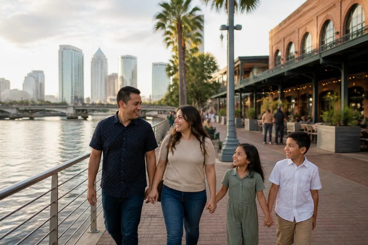 Friends walking beside the Hillsborough River near Armature Works in Tampa on a sunny day