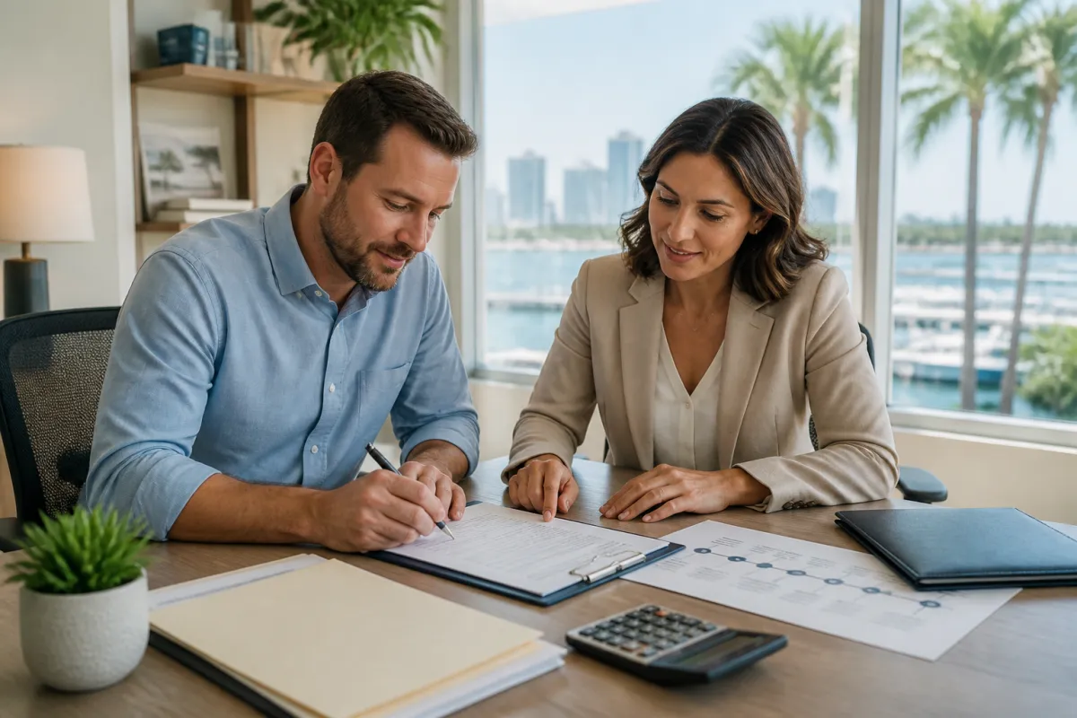 Homebuyer reviewing a signed job offer with a mortgage professional before relocating to Florida