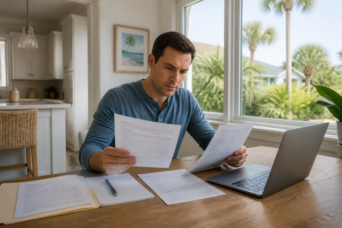 A Florida homeowner reviewing a property tax notice and mortgage escrow papers at a sunlit kitchen table.