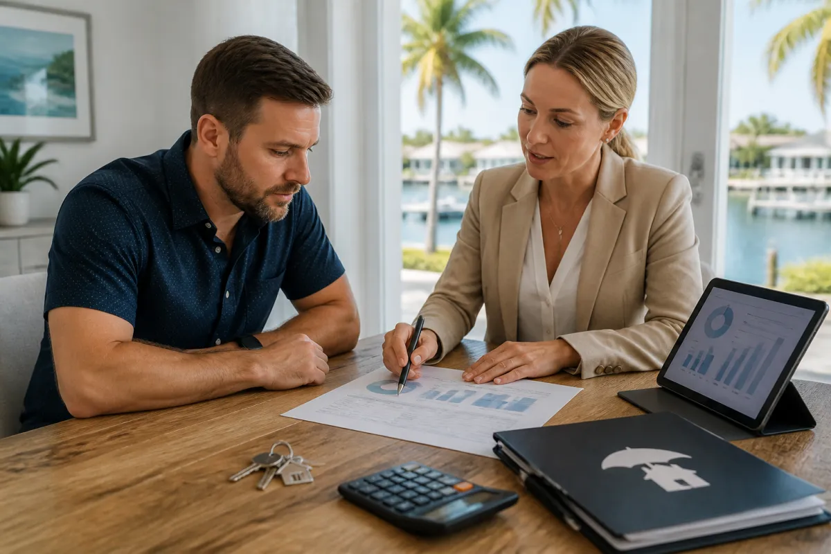 Florida real estate investor reviewing property expenses and cash-reserve planning documents with a mortgage advisor at a bright table