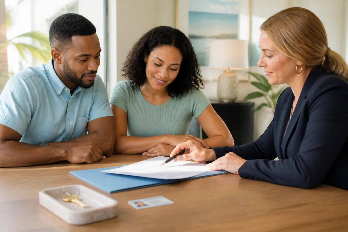 Homebuyers reviewing mortgage closing documents with a Florida title agent at a bright settlement table