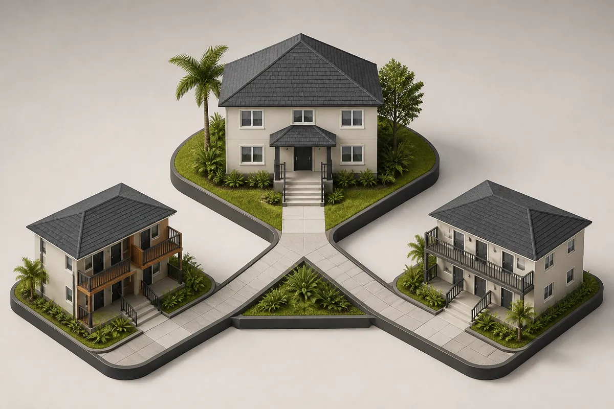 Editorial restrained 3d illustrating FHA Loans for Florida Triplexes and Fourplexes: Self-Sufficiency Test.