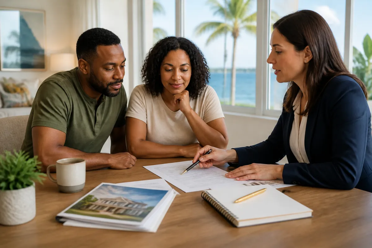 Florida veteran couple reviewing home-buying documents with a mortgage professional at a bright table