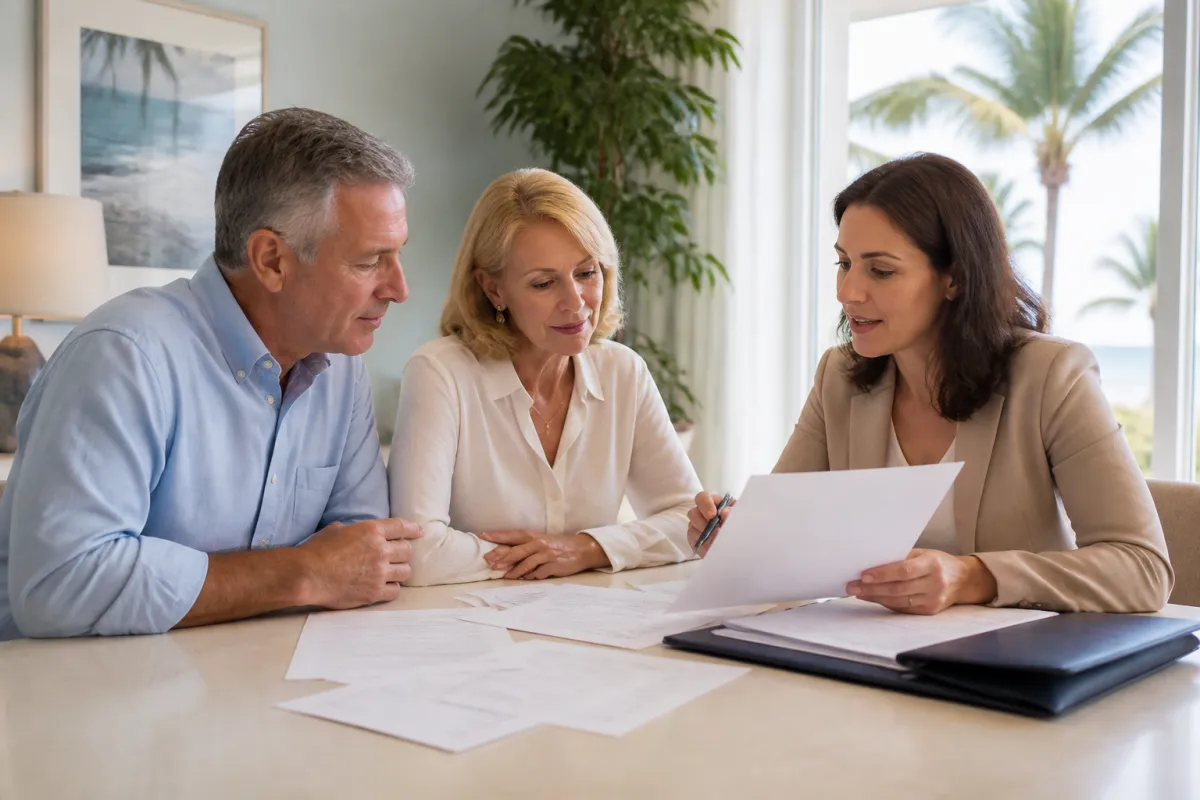 Florida homebuyer reviewing retirement and investment account documents with a mortgage professional