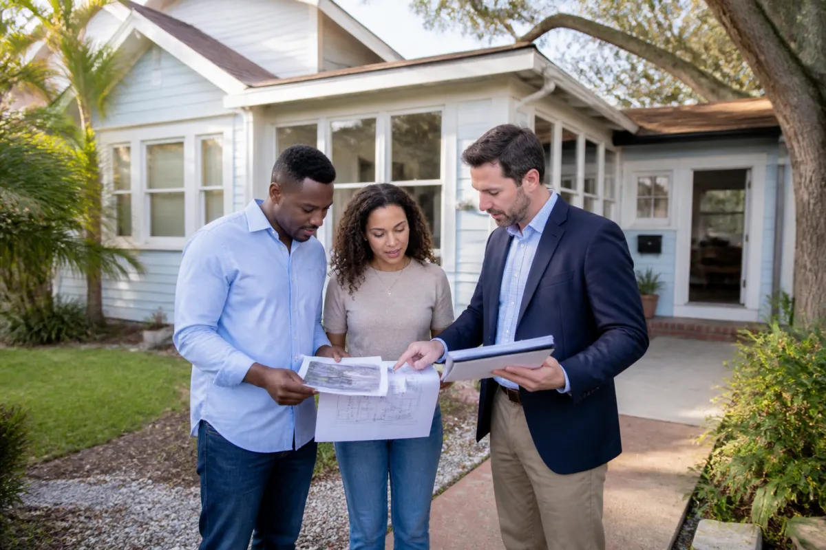 Florida homebuyer and real estate professional reviewing home renovation documents outside an older St. Petersburg home