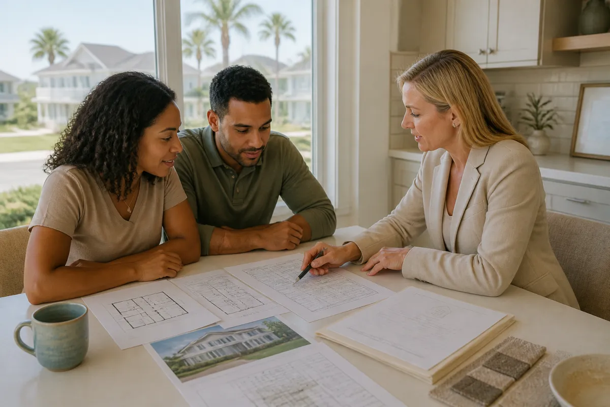 Homebuyers reviewing new construction plans and property tax estimates at a table in St. Petersburg, Florida