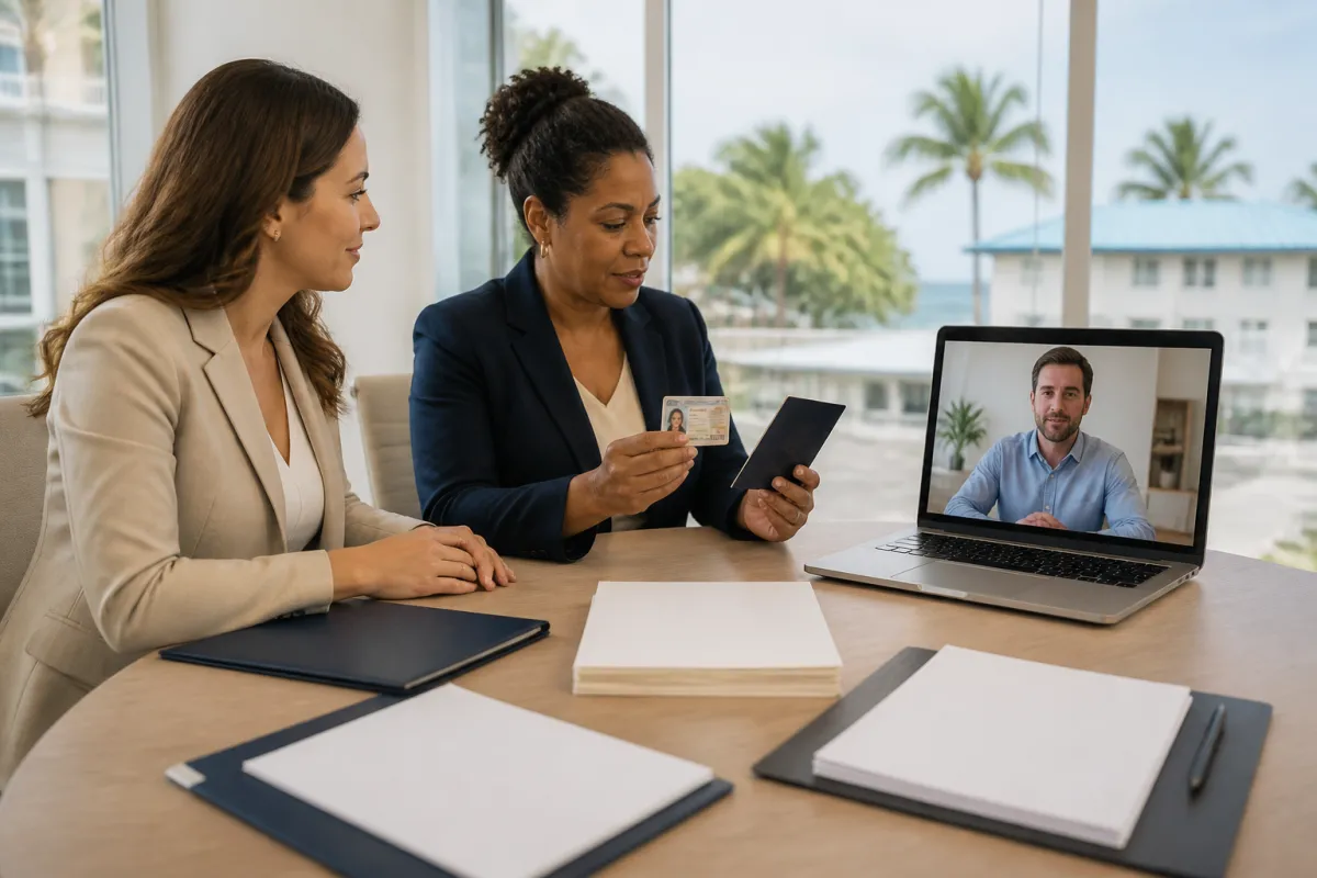 Florida homebuyer reviewing mortgage closing documents with a trusted family member and a notary nearby