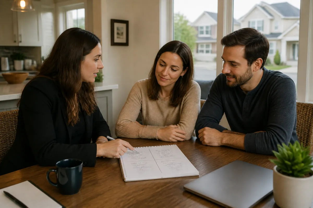 Real estate agent and home buyers reviewing a home search progress plan together at a bright kitchen table