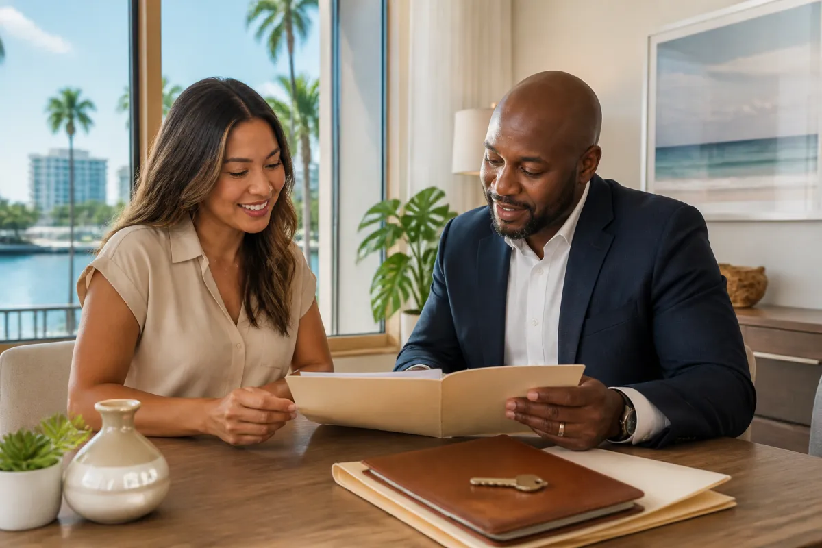 Florida homebuyer reviewing mortgage and tax documents with a lending professional at a table