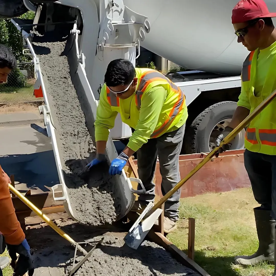 Concrete contractors pouring ready mix concrete from a concrete truck