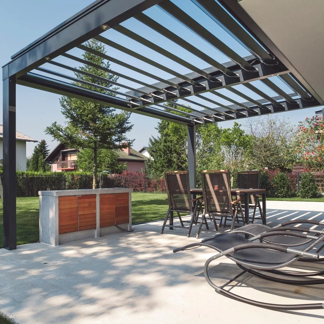 Outdoor concrete patio with concrete walkway