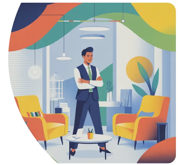 Confident female hypnotist in a bright calm workspace with filled calendar overlay