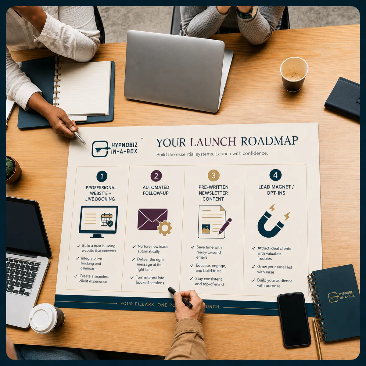 A hypnosis business launch roadmap laid out on a desk