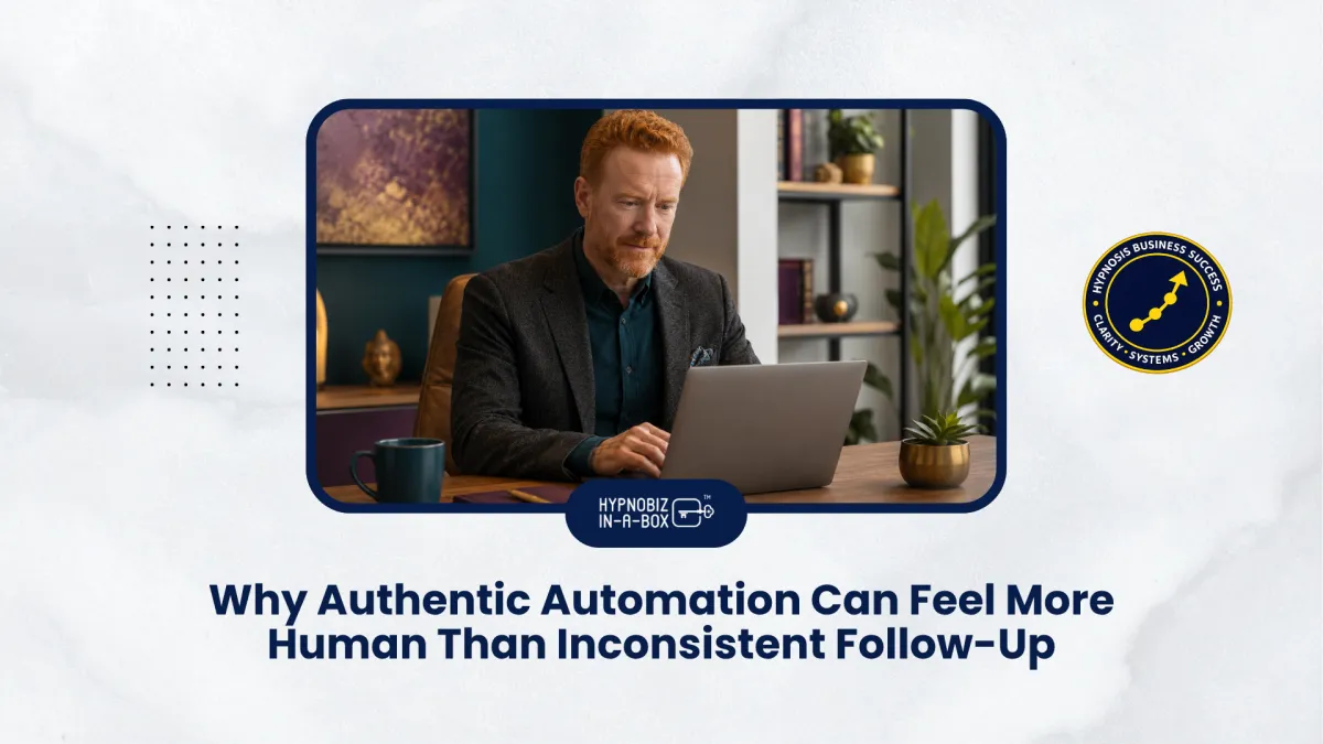 A hypnosis practitioner reviews client follow-up messages in a calm professional workspace, representing authentic automation.