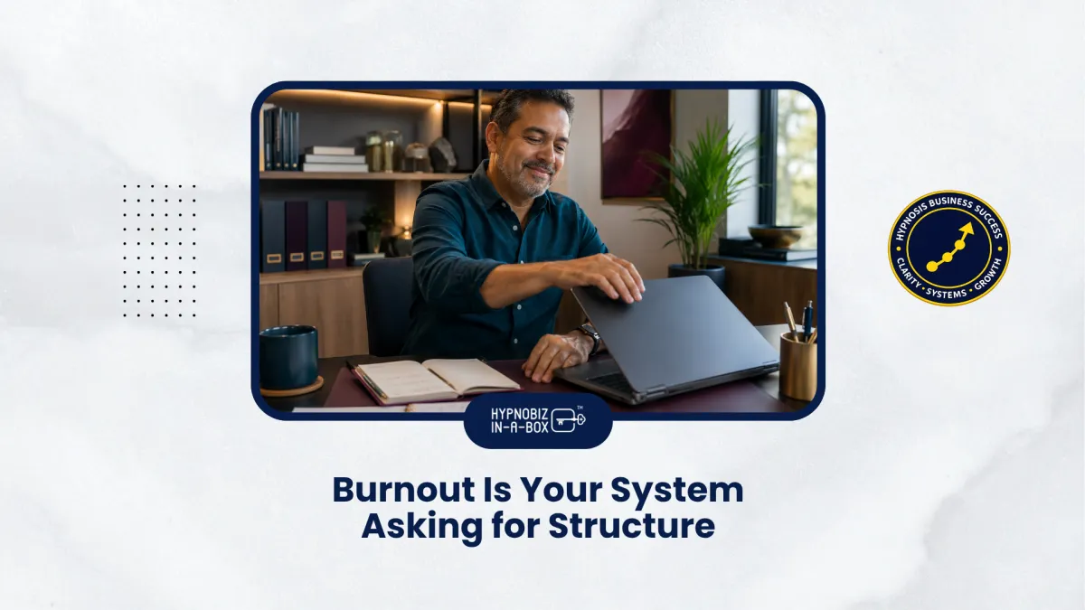 A hypnosis professional closes her laptop in a calm workspace, representing relief from backend exhaustion through better business structure.