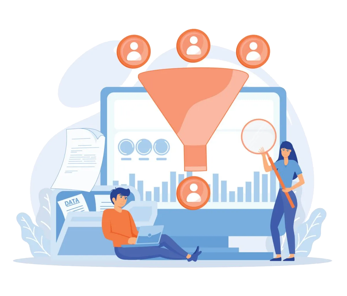 Illustration of a customer funnel connecting people, website pages, and marketing analysis