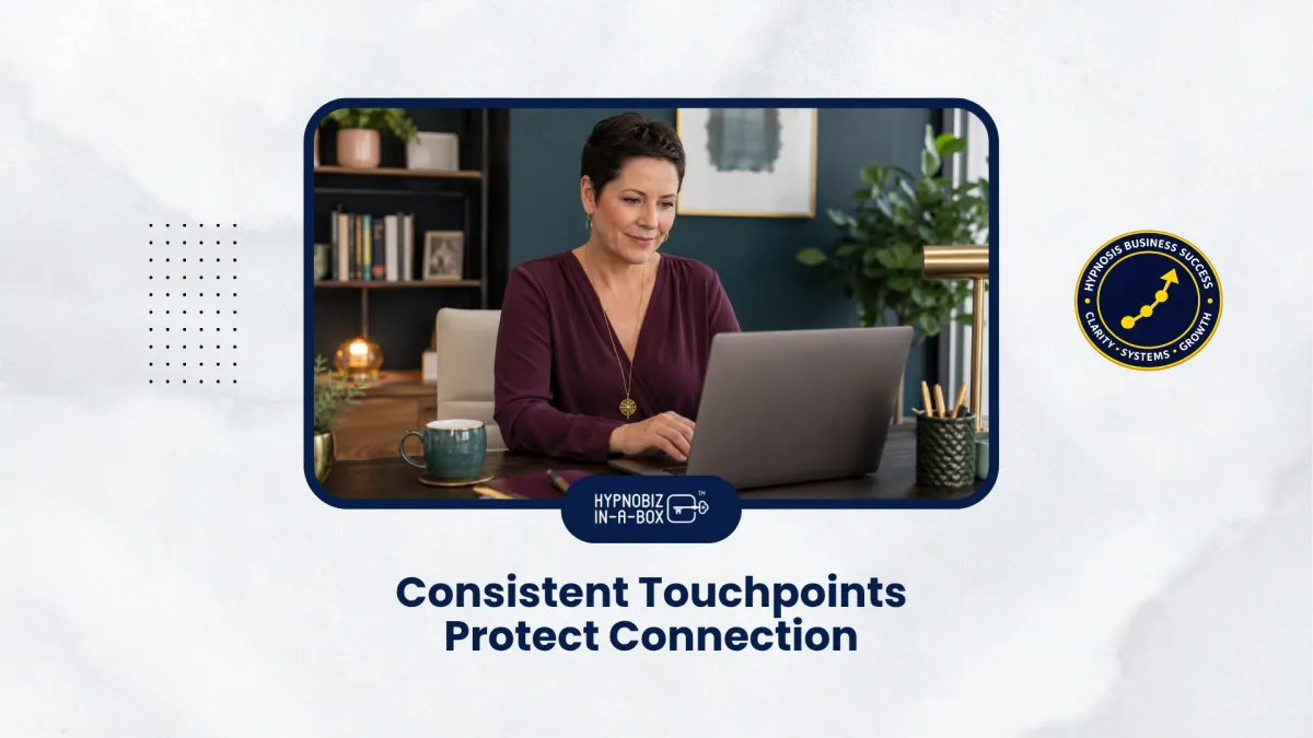A hypnosis professional reviews a warm client follow-up system in a calm workspace.