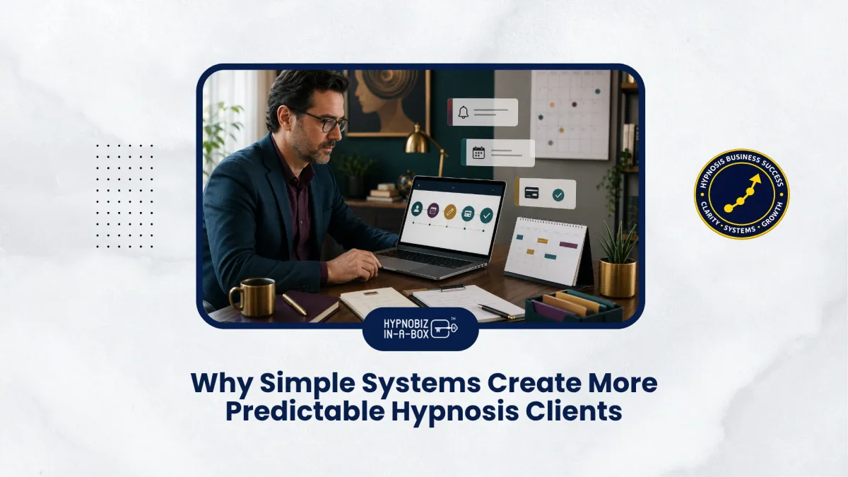 A hypnotherapist reviews an organized client journey system with reminders, payments, and follow-up notes on a laptop.