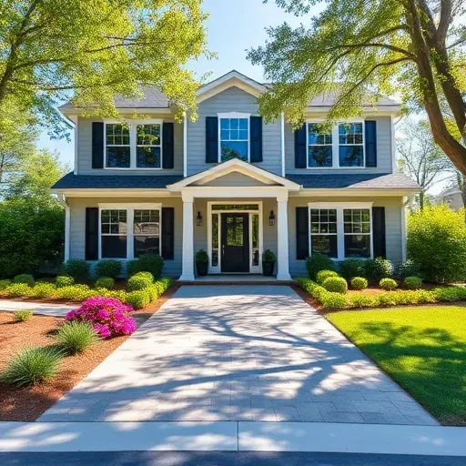 Modern home remodeling in RiverLights NC featuring a stylish facade, vibrant landscaping, and elegant entrance lighting.