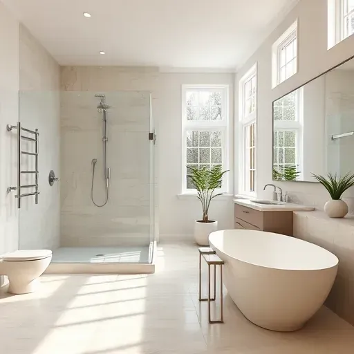 Freshly renovated bathroom in Hampstead NC with modern fixtures, spacious walk-in shower, freestanding tub, and stylish vanity.