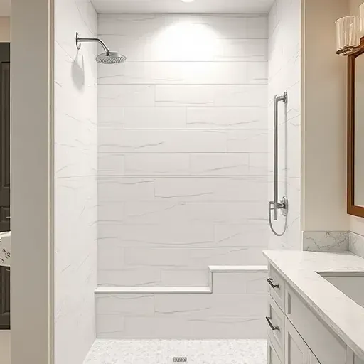 Beautiful finished shower with sleek ceramic tiles, polished marble counters, chrome fixtures, and natural lighting in Hampstead NC