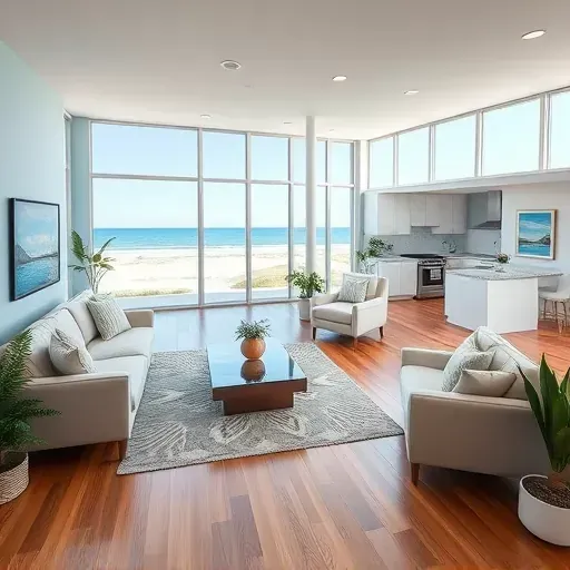 Modern beach home remodeling in Wilmington NC featuring a bright living room with coastal decor and elegant design.