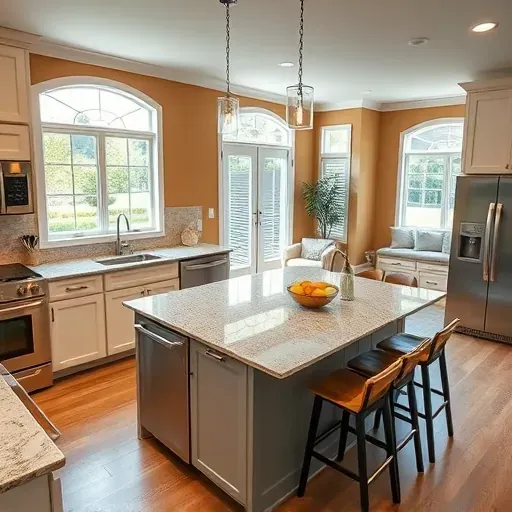 Renovated Southport NC kitchen with modern cabinetry, granite countertops, island seating, and elegant decor.
