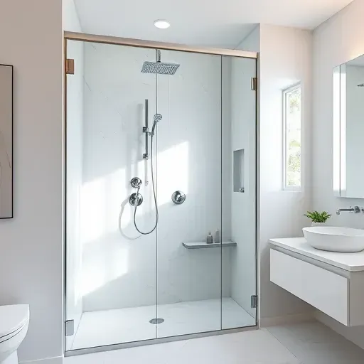 Modern renovated Hampstead NC bathroom featuring a frameless glass shower with chrome fixtures, marble tiles, rainfall showerhead, and minimalist vanity