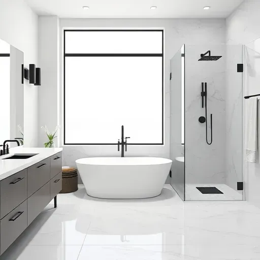 Newly renovated Hampstead NC bathroom featuring marble countertops, black fixtures, walk-in shower, and freestanding tub.