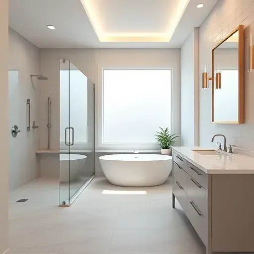 Renovated bathroom in Hampstead NC with modern fixtures, walk-in shower, freestanding tub, and elegant finishes.