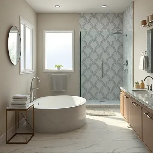 Renovated bathroom in Hampstead NC with modern fixtures, elegant tub, stylish tile, and natural lighting.