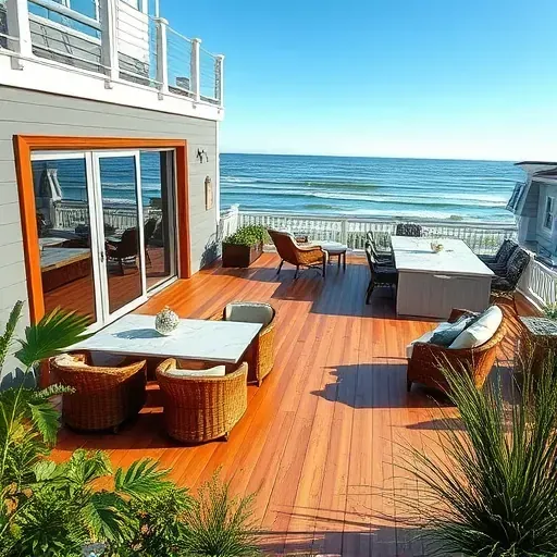 Renovated coastal home in Figure Eight Island with deck, modern decor, and ocean view, perfect for remodeling inspiration