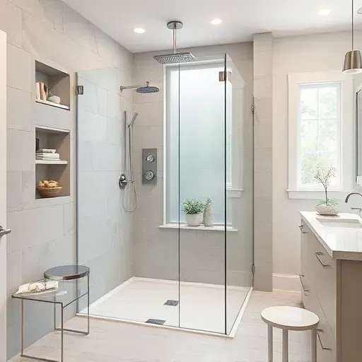 Completed modern shower remodel in Hampstead NC featuring frameless glass enclosure, chrome fixtures, rainfall showerhead, and neutral tiled accents
