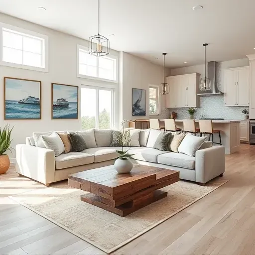 Modern living room in Cape Fear NC with open layout, large windows, cozy sectional, and coastal charm decor.