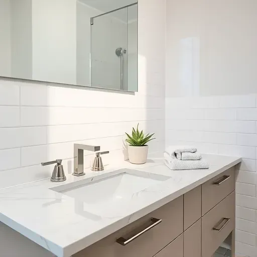 Beautiful renovated bathroom with marble countertop, white tiles, brushed nickel fixtures, and elegant accessories in Hampstead
