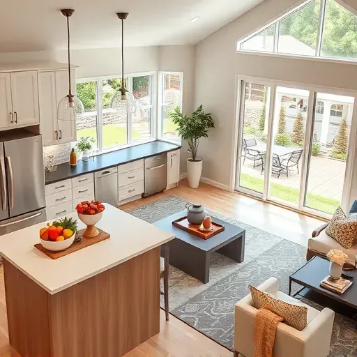 Completed home remodel in Masonboro NC features a modern kitchen and cozy living room with stylish decor and a landscaped backyard.