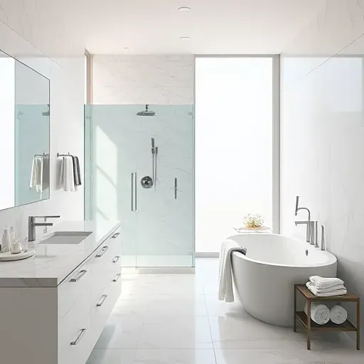 Renovated bathroom in Hampstead NC with modern fixtures, marble countertops, glass shower, and freestanding tub.