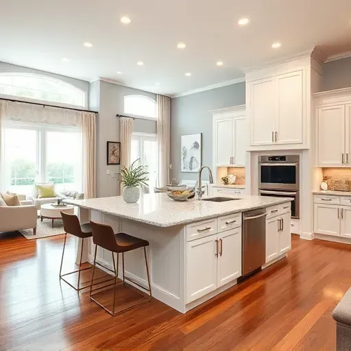 Spacious kitchen in Landfall, NC featuring custom white cabinetry, granite countertops, and stainless steel appliances.