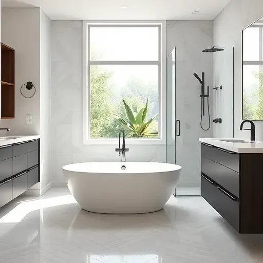 Newly remodeled bathroom in Hampstead NC with modern design, freestanding tub, herringbone tiles, and natural light.