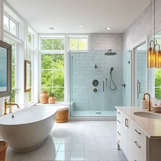 Freshly remodeled bathroom in Hampstead NC with modern fixtures, walk-in shower, soaking tub, marble vanity, and coastal decor.