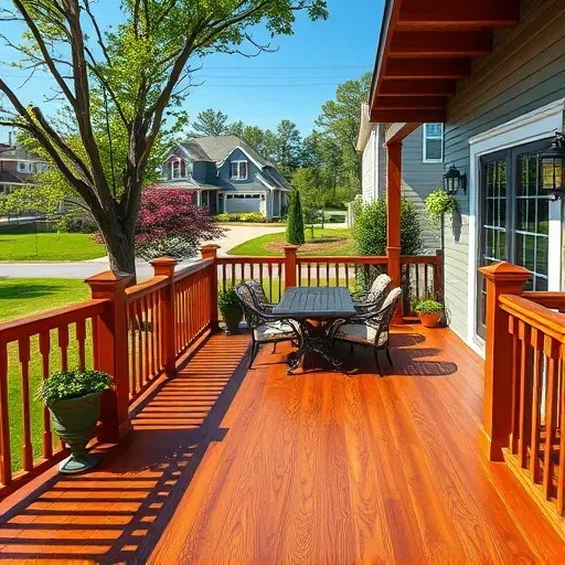 Beautiful wooden deck in Hampstead NC with intricate craftsmanship, lush greenery, outdoor furniture, and charming neighborhood backdrop
