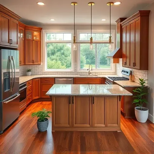 Completed kitchen remodel in Carolina Shores NC featuring wood cabinetry, stainless steel appliances, and granite countertops.